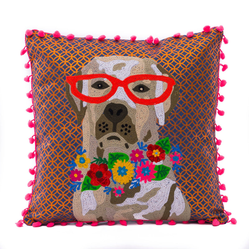 Karma Living - Dog W/Orange Glasses Cushion 18 x 18"