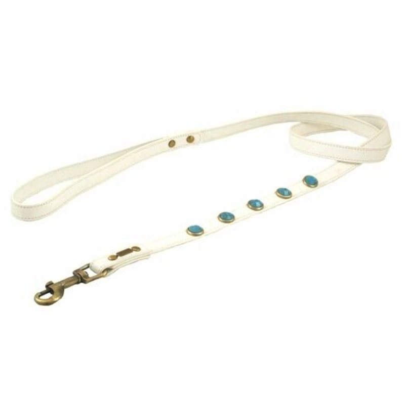 Pebble Dog Collar/Leash - White, Turquoise cabochons
